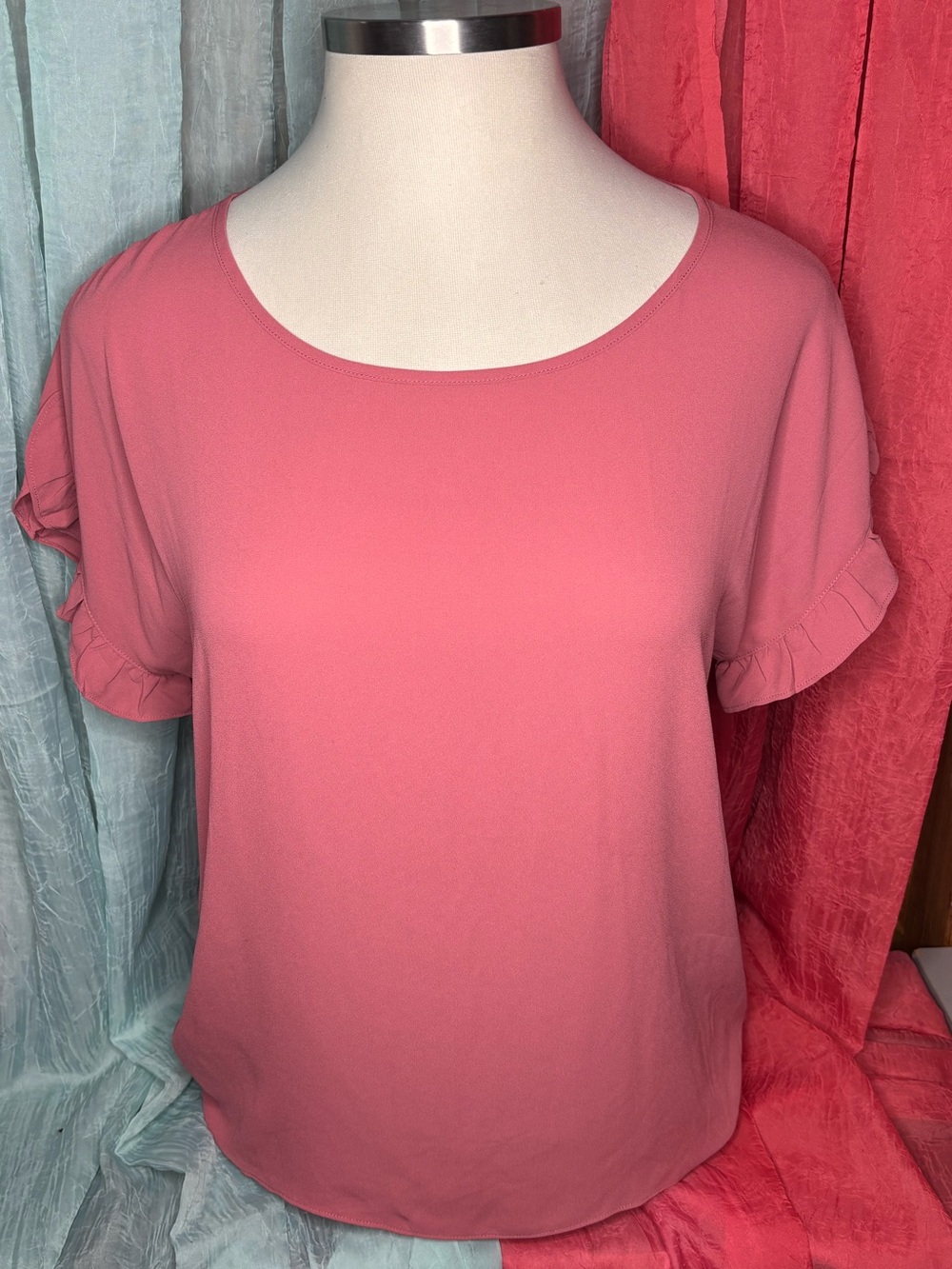 LOFT Pink Ruffle Sleeve Scoop Neck Blouse